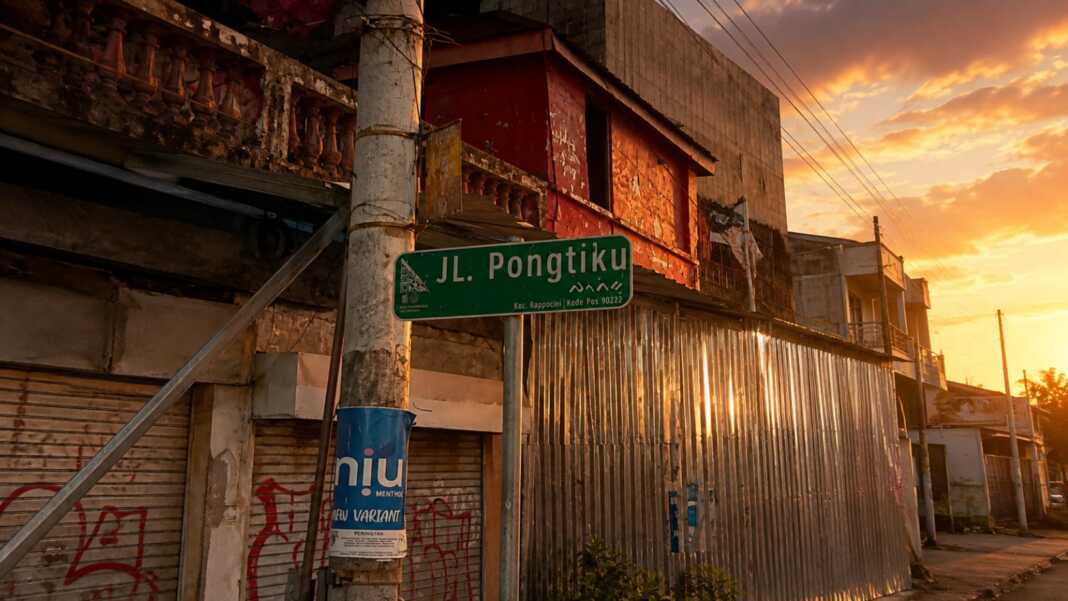 Papan nama Jalan Pongtiku di Makassar pada suasana sore.