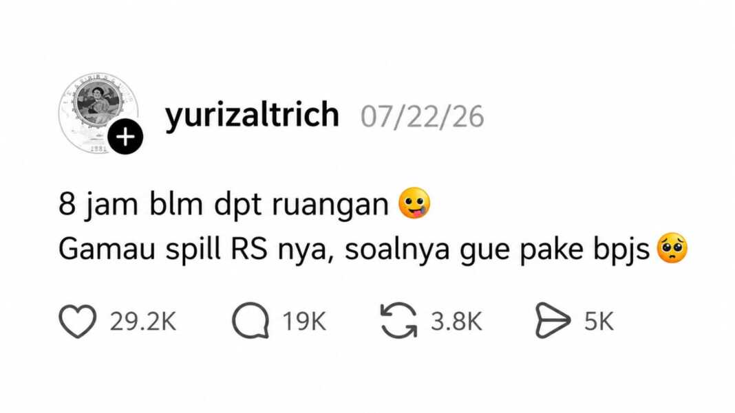 Tangkapan layar unggahan Threads Yurizal Tri Chaerawan tentang menunggu kamar rumah sakit selama delapan jam.