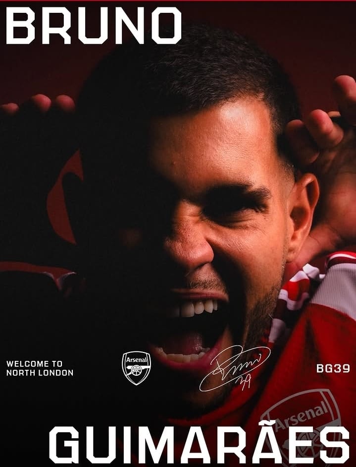 Poster pengumuman resmi Bruno Guimaraes sebagai pemain baru Arsenal dengan nomor punggung 39.