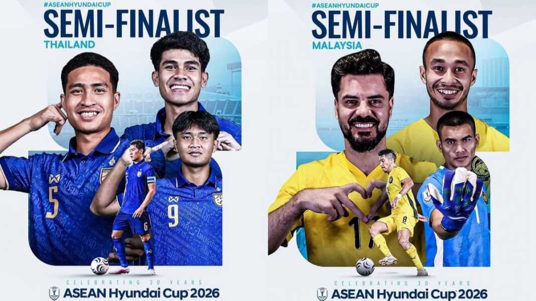 Grafis semifinalis ASEAN Hyundai Cup 2026 yang menampilkan Thailand sebagai juara Grup B dan Malaysia sebagai runner-up usai fase grup tuntas.
