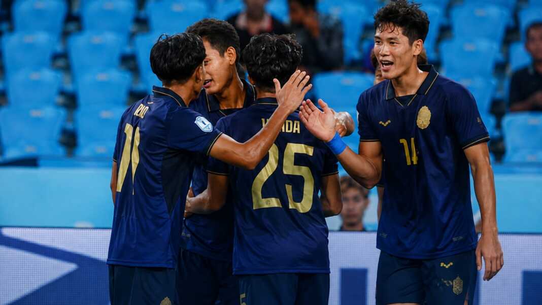 Pemain Kamboja merayakan kemenangan atas Timor Leste pada laga Grup A Piala AFF 2026 di Phnom Penh.