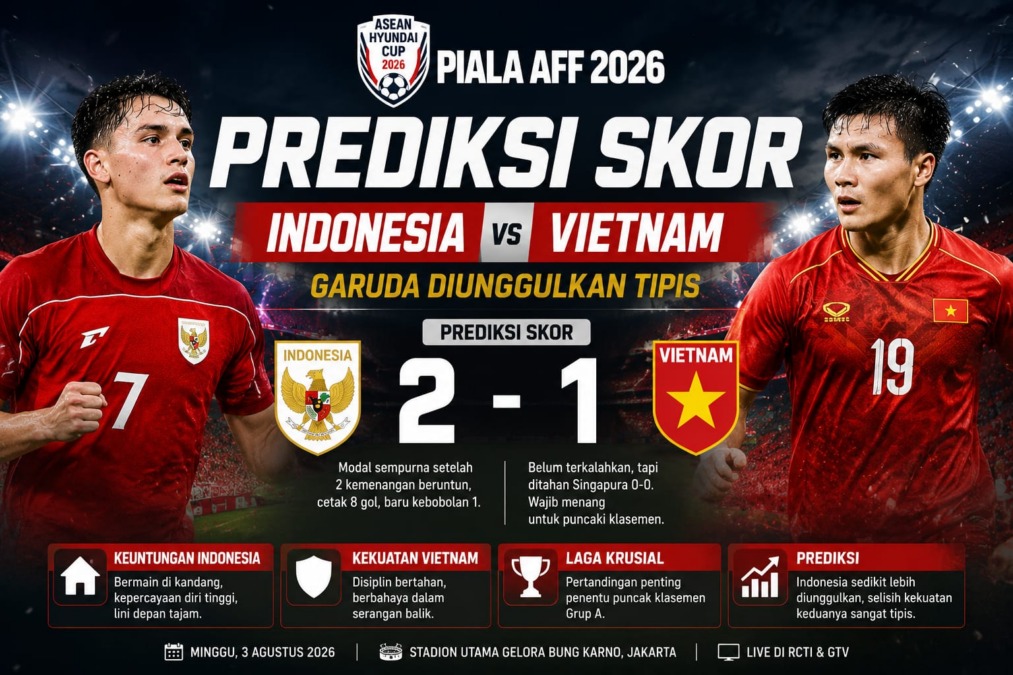 Grafis prediksi skor Indonesia vs Vietnam jelang laga Piala AFF 2026.