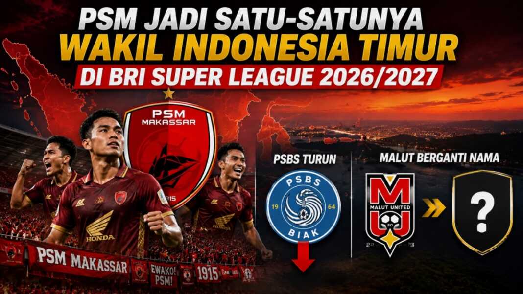 Grafis PSM Makassar tentang status Juku Eja sebagai satu-satunya wakil Indonesia Timur di BRI Super League 2026/2027.