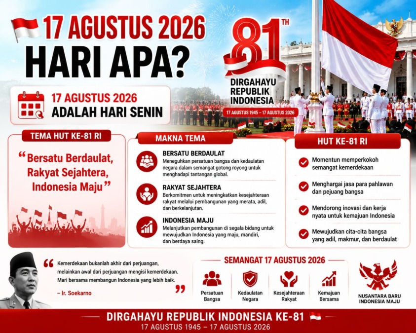 Infografik merah putih tentang HUT ke-81 RI dan informasi 17 Agustus 2026.