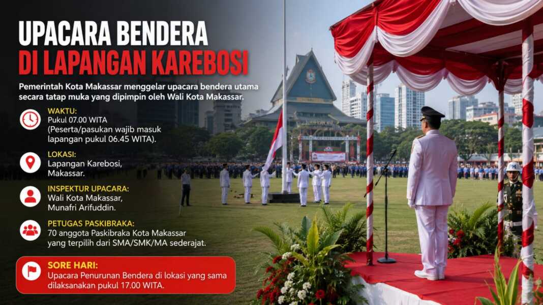 Poster jadwal upacara bendera HUT ke-81 RI tingkat Kota Makassar di Lapangan Karebosi pada 17 Agustus 2026.