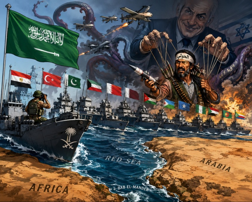 Caption: Koalisi maritim terbentuk, Laut Merah bergolak, Houthi menantang, jalur energi global memasuki babak konfrontasi baru. (Ilustrasi: ChatGPT).