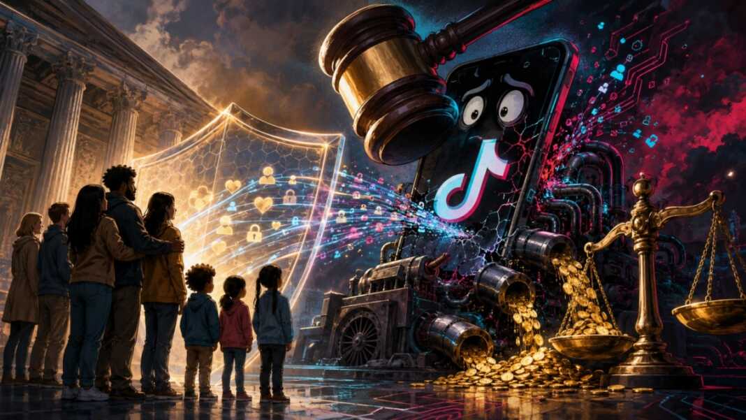 Perisai hukum melindungi anak dari eksploitasi data ketika TikTok menghadapi denda privasi digital fantastis. (Ilustrasi: ChatGPT)