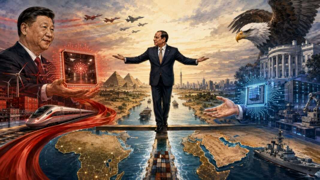 Mesir menyeimbangkan pengaruh China dan Amerika Serikat di tengah perebutan teknologi, perdagangan, dan geopolitik. (Ilustrasi: ChatGPT)