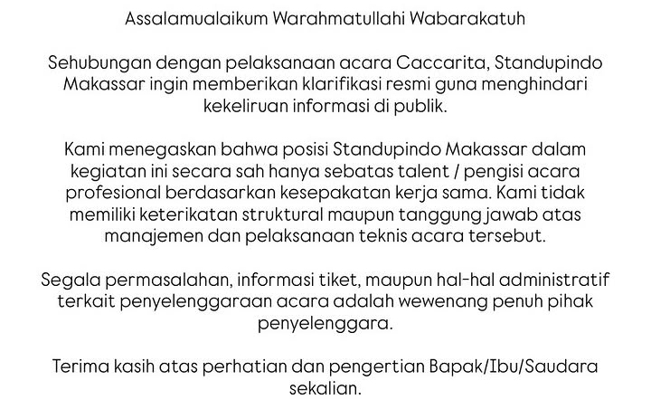 Surat pernyataan resmi dari Standup Indo Makassar terkait panitia CACCARITA Live Show di Makassar, Sabtu (22/8/2026).