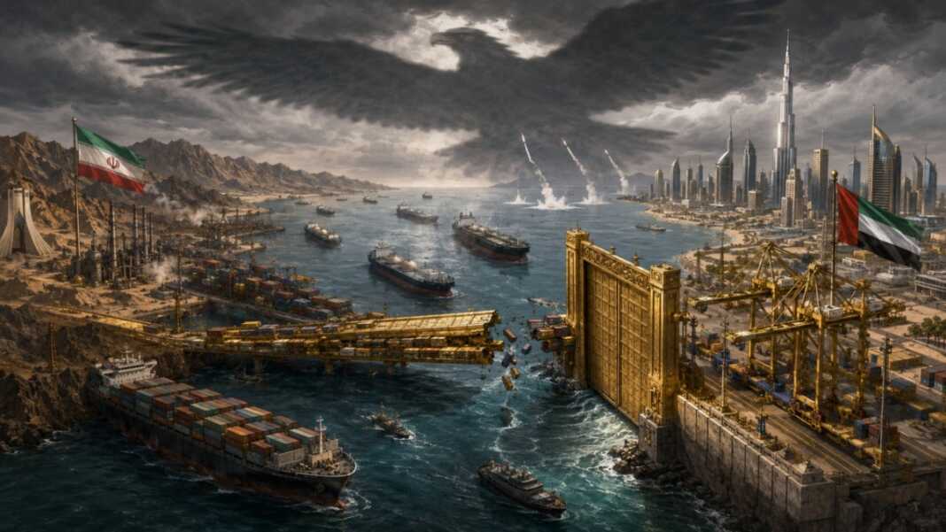 Iran bertahan saat UEA menutup jalur perdagangan akibat tekanan ekonomi Amerika di Selat Hormuz. (Ilustrasi: ChatGPT).