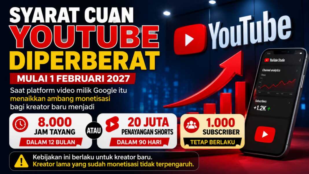 Infografik syarat monetisasi YouTube baru mulai 1 Februari 2027 untuk kreator baru.