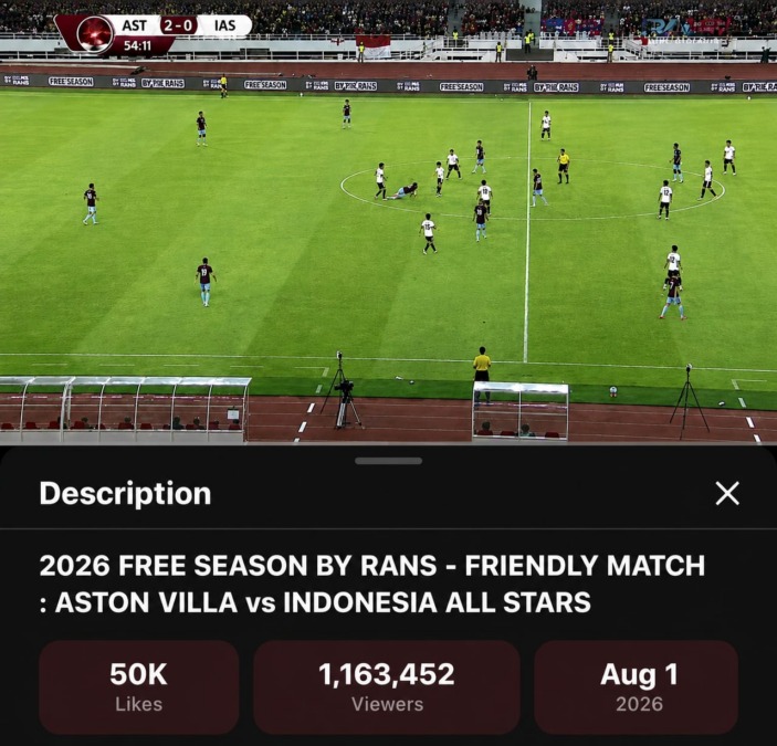 Tampilan pertandingan Aston Villa melawan Indonesia All Stars dalam siaran gratis RANS Entertainment di Stadion Utama Gelora Bung Karno, Jakarta, Sabtu, 1 Agustus 2026.