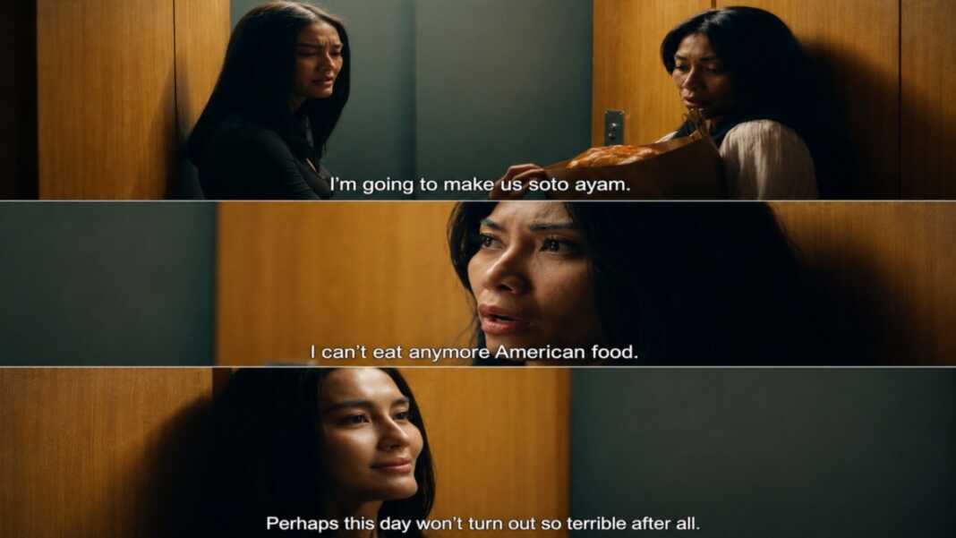 Agnez Mo dan Anggun dalam adegan Reacher Season 4 saat dialog soto ayam muncul.