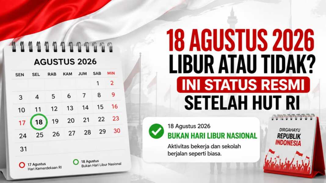 Ilustrasi kalender Agustus 2026 dan penegasan bahwa Selasa, 18 Agustus 2026 bukan hari libur nasional maupun cuti bersama, melainkan hari kerja biasa dengan imbauan fleksibilitas kerja.