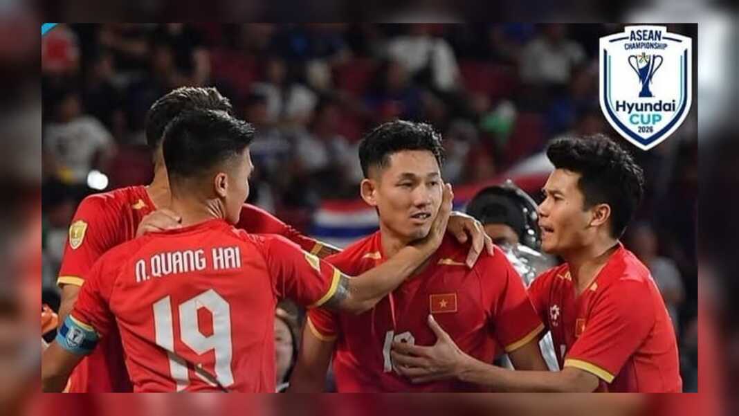 Pemain Vietnam merayakan gol ke gawang Thailand pada final leg pertama ASEAN Championship 2026 di Bangkok.
