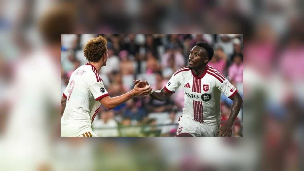 Pemain Toronto FC merayakan gol saat menghadapi Inter Miami dalam laga MLS di Nu Stadium, Miami, Sabtu, 22 Agustus 2026.