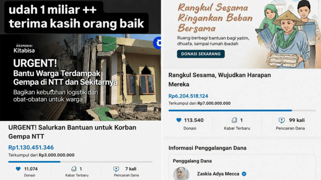 Donasi publik untuk korban gempa NTT terus membesar, dengan penggalangan Ferry Irwandi dan Zaskia Adya Mecca menembus miliaran rupiah di tengah penanganan darurat Flores.