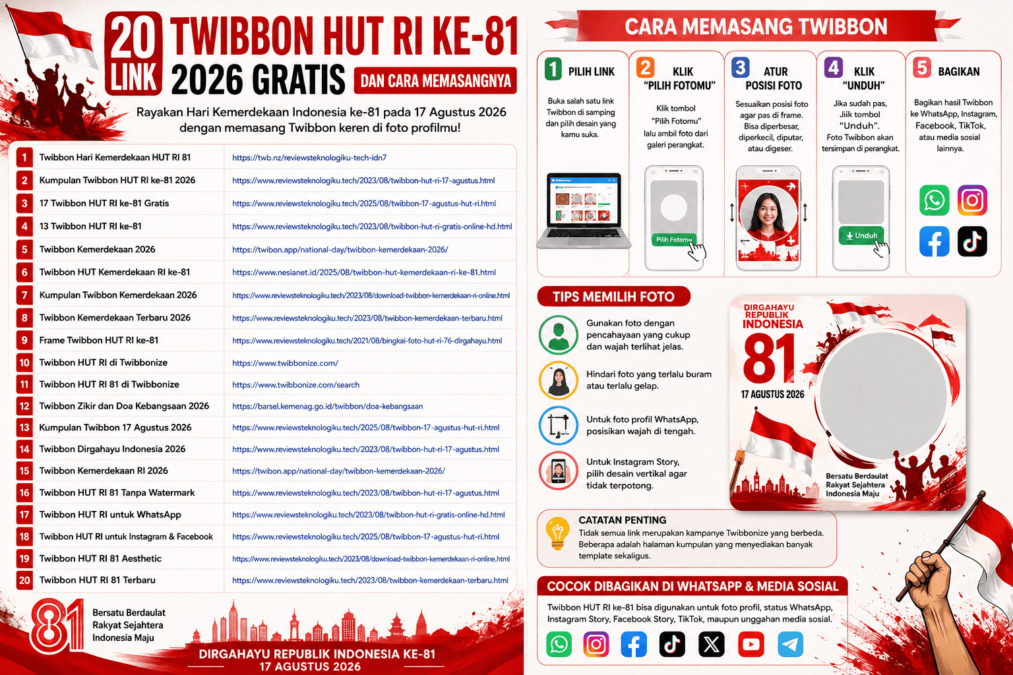 10 link Twibbon HUT RI ke-81 2026 gratis dengan berbagai desain merah putih, Garuda, Nusantara dan tema kemerdekaan. Simak cara memasangnya.