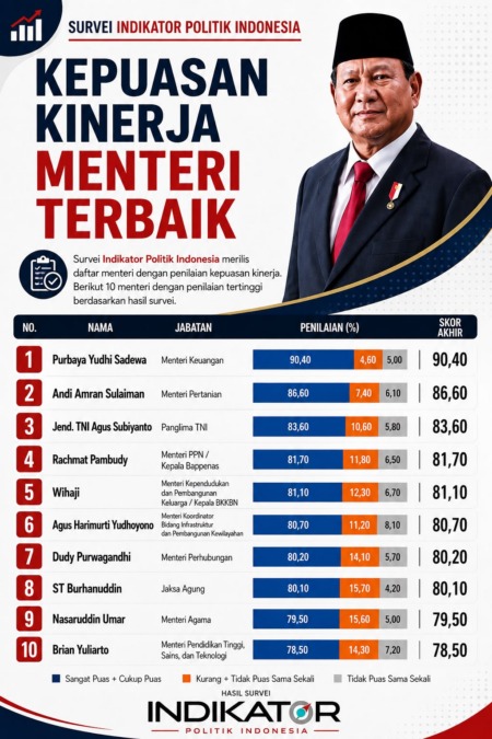 Infografik survei Indikator Politik Indonesia tentang kepuasan kinerja menteri terbaik 2026.