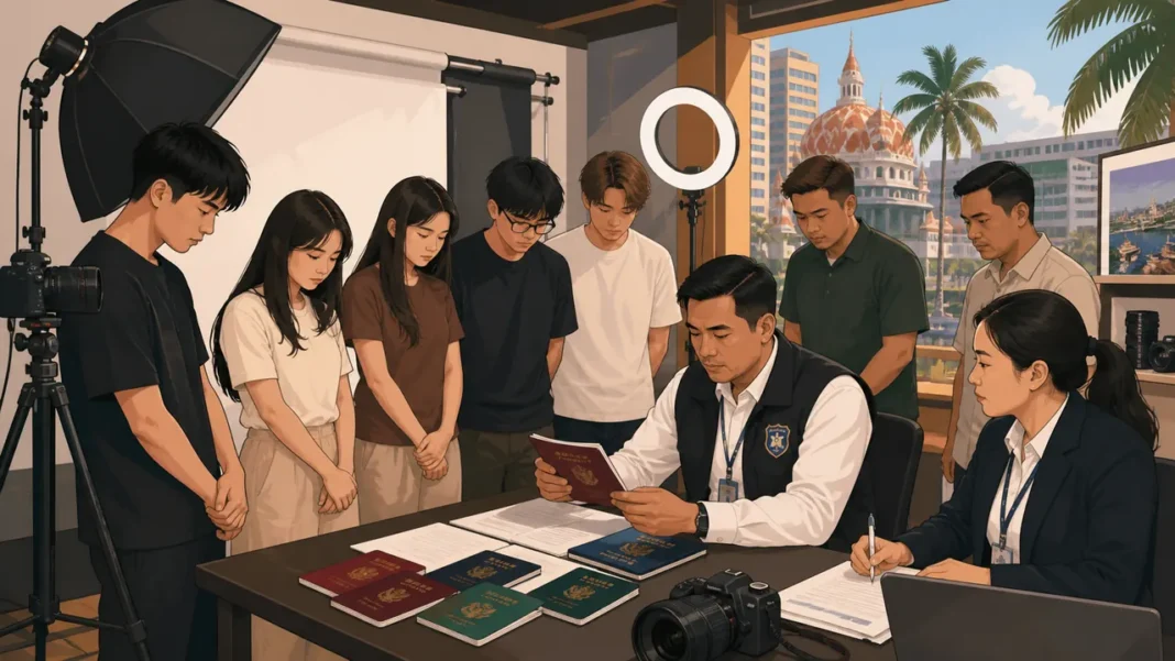 Ilustrasi nonrealis petugas Imigrasi memeriksa dokumen dan peralatan studio foto dalam kasus deportasi WNA di Makassar.