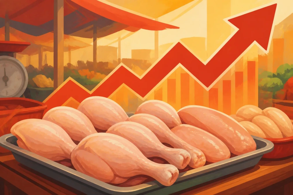 Ilustrasi non realis potongan daging ayam di pasar dengan panah naik untuk artikel kenaikan harga ayam.