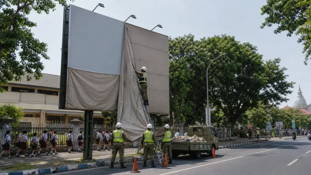 Ilustrasi penertiban reklame di Makassar dekat area sekolah dan taman kota