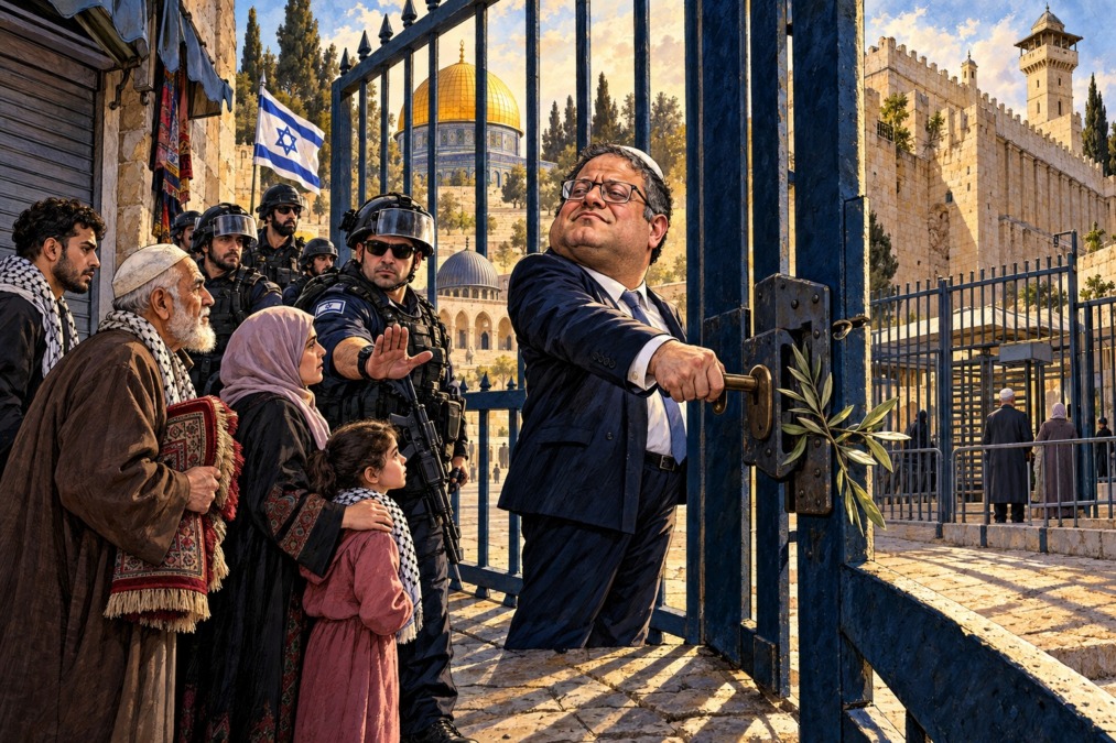 Klaim Ben-Gvir atas Al-Aqsa memicu kecaman; pembatasan ibadah mengancam hak jemaah dan kesucian masjid. (Ilustrasi: ChatGPT).