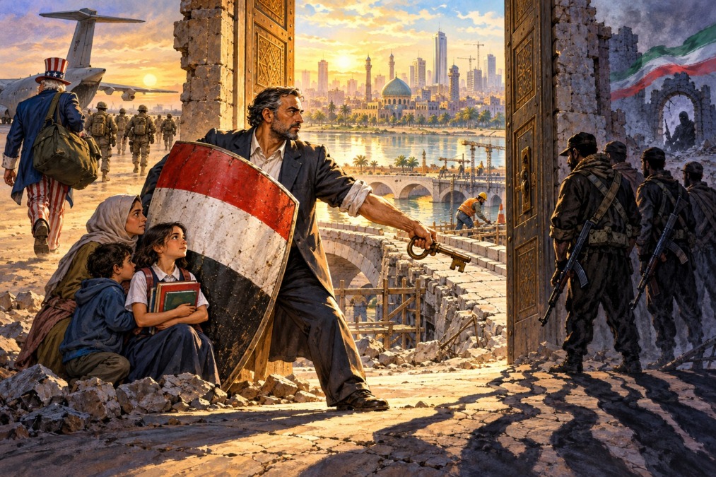 Penarikan pasukan Amerika membuka babak kedaulatan Irak, menguji kemampuan negara mengendalikan senjata dan melindungi warga. (Ilustrasi ChatGPT).