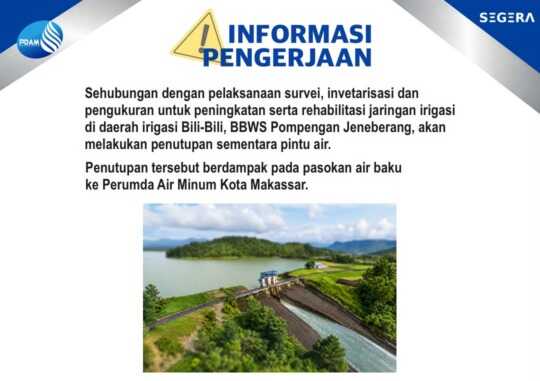 Pintu Air Bili-Bili ditutup sementara untuk pengerjaan jaringan irigasi pada Senin-Rabu (14-16/9/2026).