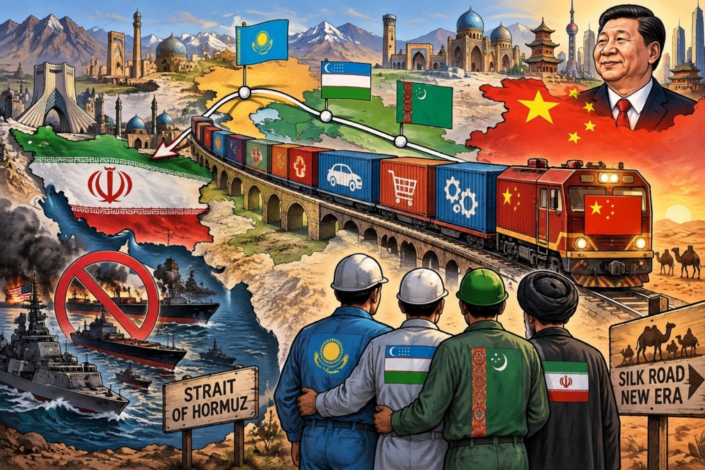 Jalur Sutra Baru China menembus Iran melalui Asia Tengah, membuka koridor perdagangan darat Eurasia. (Ilustrasi: ChatGPT)