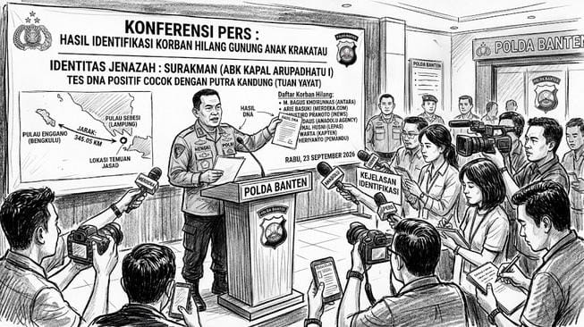 Polda Banten mengidentifikasi jenazah Surakman, ABK Kapal Arupadhatu I yang hilang saat membawa rombongan wartawan, melalui tes DNA.