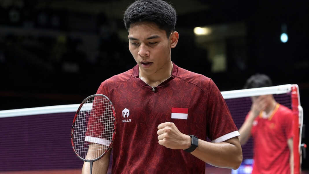 Ubed merayakan kemenangan yang memastikan emas Indonesia di Asian Games Aichi-Nagoya 2026