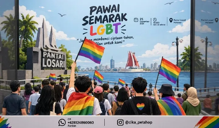 Poster Pawai Semarak LGBT yang dijadwalkan di Pantai Losari Makassar pada 25 September 2026 beredar. Polisi memastikan tak menerbitkan izin kegiatan.