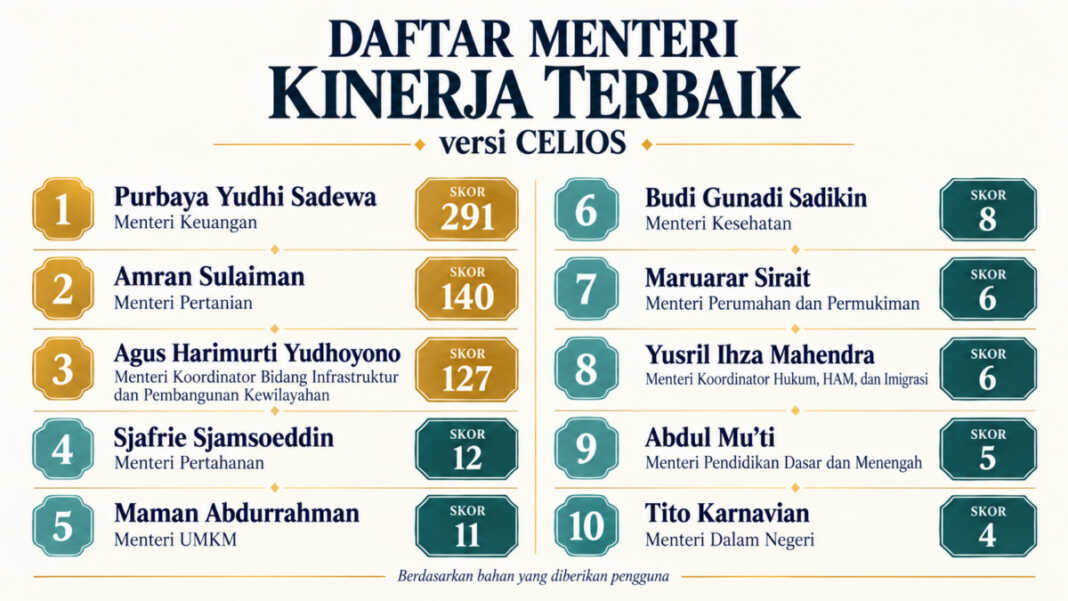Daftar Menteri Kinerja Terbaik versi CELIOS. Andi Amran Sulaiman, Menteri Pertaniajn, menjadi menteri terbaik saat ini karena Purbaya Yudhi Sadewa sudah tidak menjabat menteri lagi.