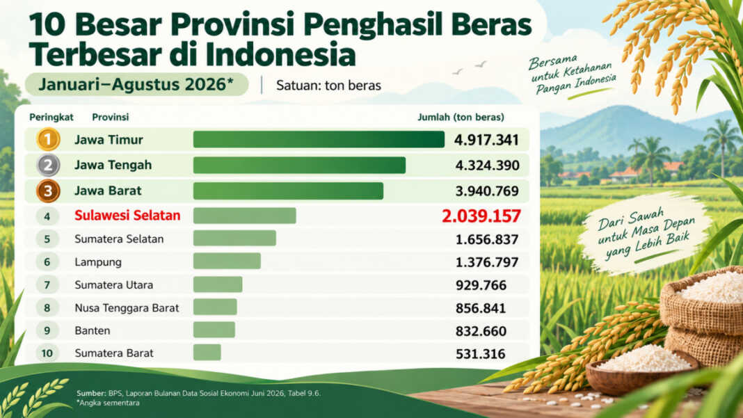 Data produksi beras nasional untuk 10 provinsi Januari sampai Agustus 2026, Sulsel menjadi penyumbang beras terbesar di luar Jawa.