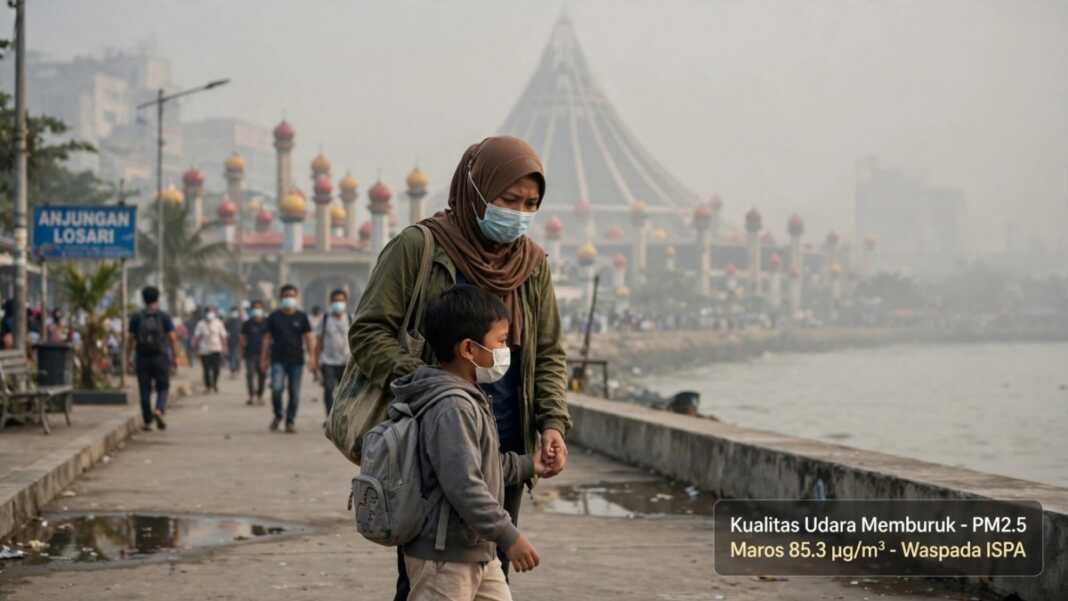 Kualitas udara Makassar dan sejumlah wilayah Sulsel memburuk. PM2.5 di Maros mencapai 85,3 µg/m³ dan risiko ISPA diwaspadai pada Jumat sampai Minggu (11/10/2026),