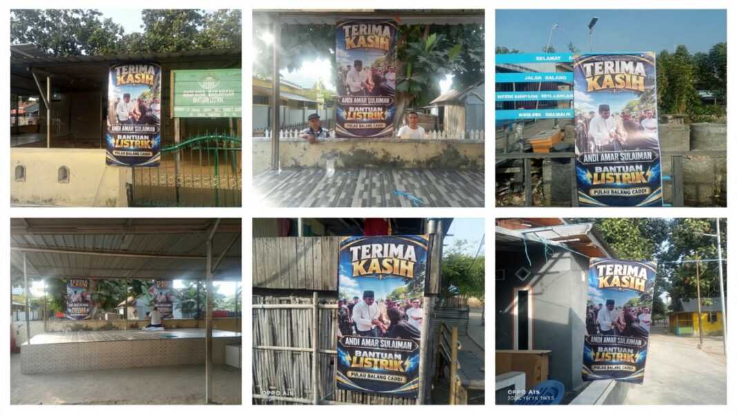 Spanduk ucapan terima kasih Andi Amar Ma’ruf Sulaiman bertebaran di Pulau Balang Caddi, Pangkep, setelah fasilitas pembangkit listrik tenaga surya kembali beroperasi