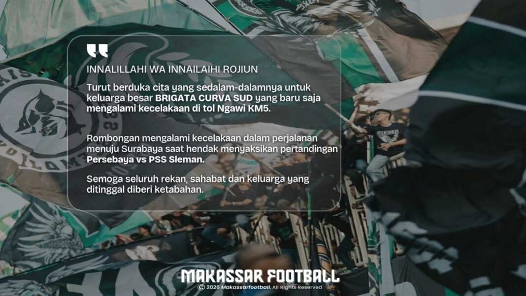 Suporter PSM menyampaikan belasungkawa setelah empat suporter PSS tewas dalam kecelakaan di Tol Madiun KM 616 jalur Ngawi-Kertosono, Minggu (18/10/2026)