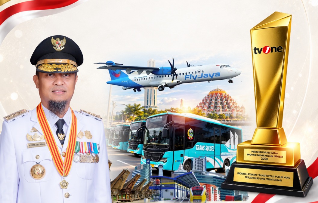 Pemprov Sulsel meraih penghargaan Inovasi Membangun Negeri 2026 dari tvOne atas pengembangan transportasi publik terjangkau dan terintegrasi.