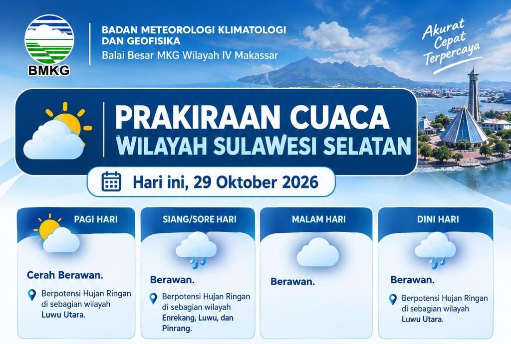 Cuaca Sulsel 29 Oktober 2026 didominasi cerah berawan hingga berawan. BMKG memperingatkan angin kencang, udara panas, dan PM2.5 tidak sehat.