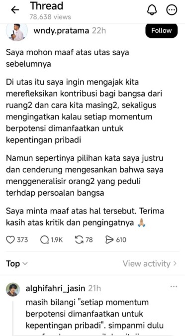 Setelah mendapat reaksi publik, Wandy Pratama menyampaikan klarifikasi dan permohonan maaf melalui akun media sosialnya.