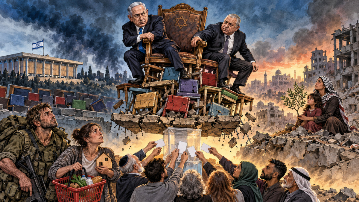 Pemilu Israel mempertaruhkan kekuasaan Netanyahu di tengah beban perang, tekanan ekonomi, dan penderitaan Palestina. (Ilustrasi: ChatGPT).
