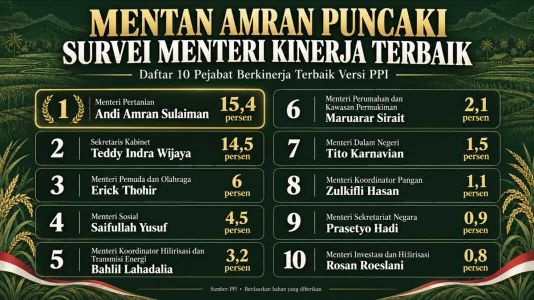 Menteri Pertanian Andi Amran Sulaiman menjadi menteri dengan kinerja terbaik hasil survei Parameter Poliik Indonesia Oktober 2026.