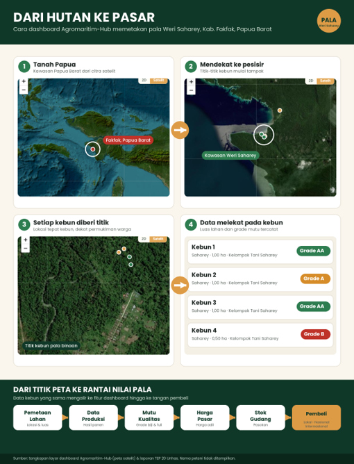 Ilustrasi alur spasial dashboard komoditas pala Weri Saharey: dari peta Papua hingga rantai nilai dan pembeli