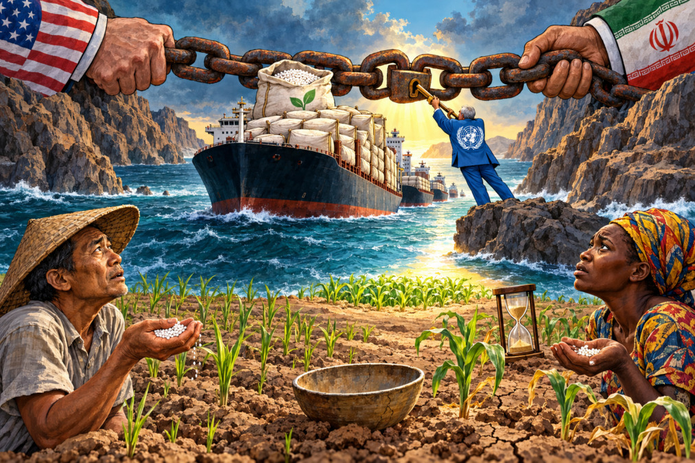 Pupuk tertahan di Hormuz mengancam pangan Asia dan Afrika, sementara PBB mengupayakan jalur aman. (Ilustrasi: ChatGPT).
