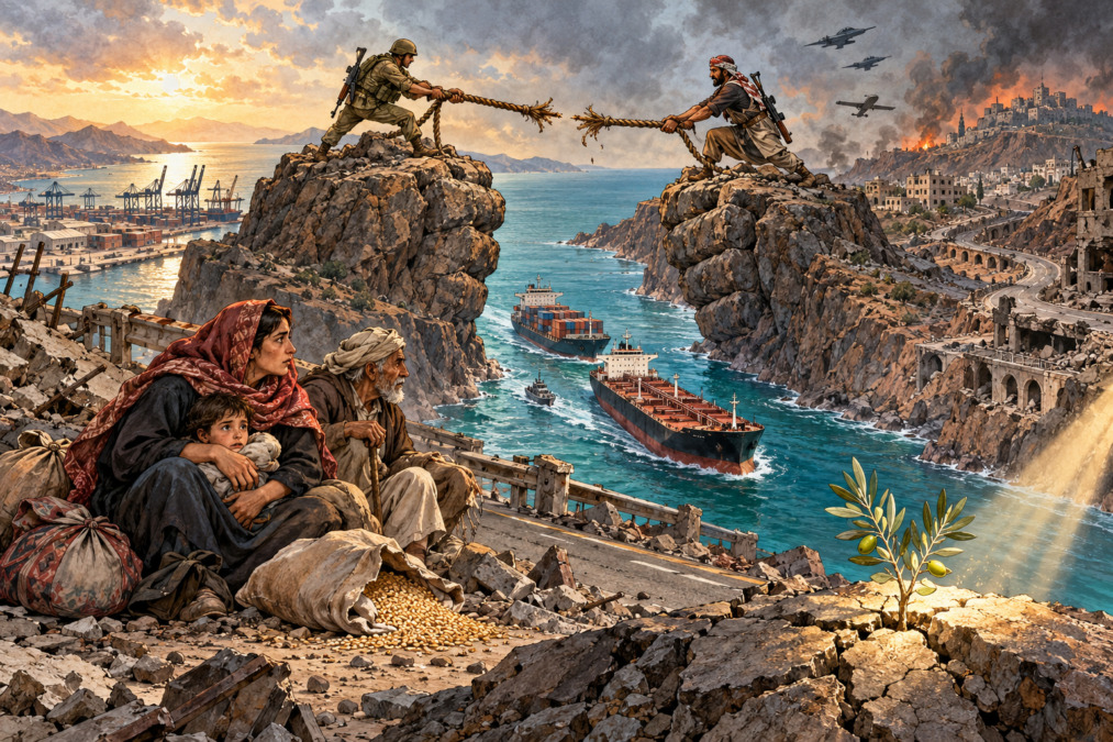 Perebutan Bab el-Mandeb mengancam pelayaran dunia, sementara warga Yaman menghadapi pertempuran, kelaparan, dan pengungsian. (Ilustrasi: ChatGPT).