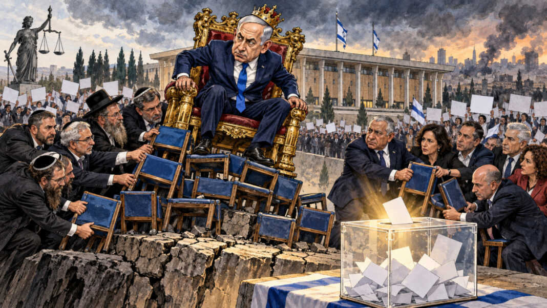 Netanyahu mempertahankan takhta di tengah perebutan kursi parlemen, tekanan politik, dan ketidakpastian koalisi Israel. (Ilustrasi: ChatGPT).