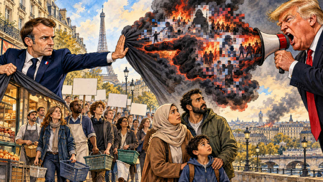 Macron menolak tuduhan Trump terhadap migran Muslim di tengah kerusuhan dan pertarungan kepentingan politik. (Ilustrasi: ChatGPT)..