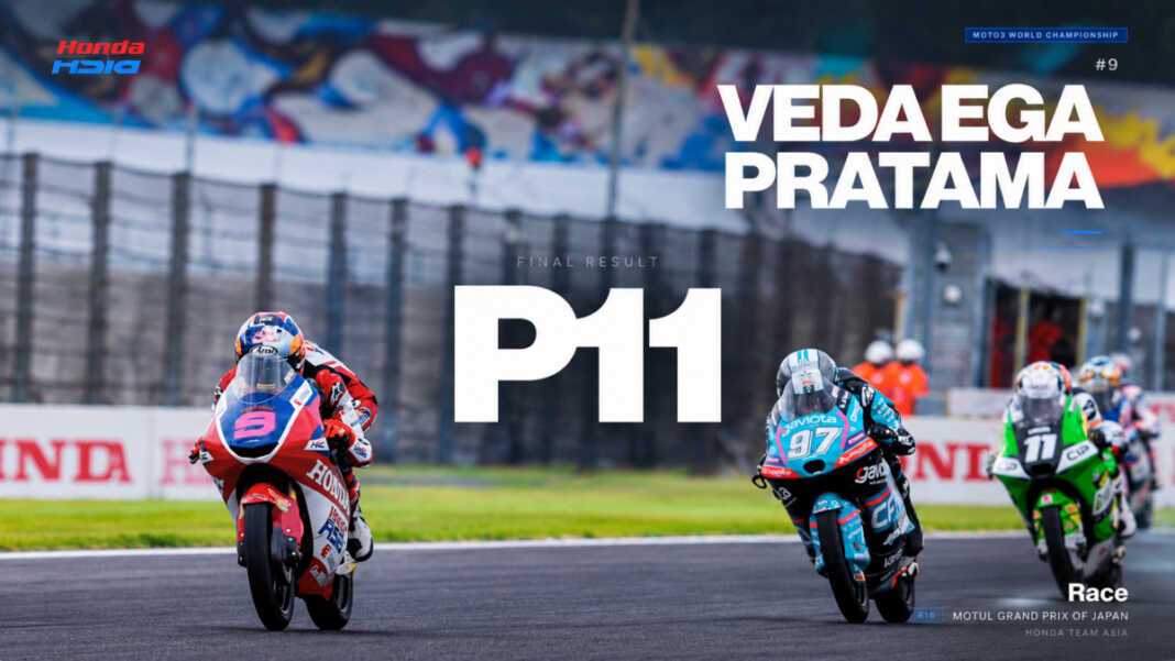 Pembalap muda Indonesia Veda Ega Pratama meraih posisi ke-11 dalam balapan Moto3 Jepang di Sirkuit Motegi, Minggu (4/10/2026). Veda Pratama mengalahkan pembalap Malaysia Hakim Danish, namun di klasemen sementara, Veda Pratama menempati posisi 8 sedangkan Hakim Danish posisi 7.