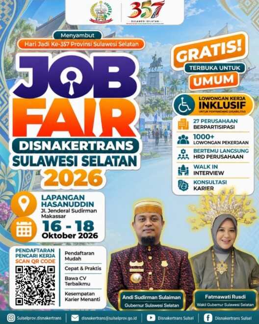 Job Fair Sulsel pada 16-18 Oktober 2026 menghadirkan 27 perusahaan dengan lebih dari 1.000 lowongan kerja, termasuk bagi difabel.